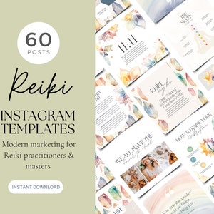 May include: A set of 60 Instagram post templates for Reiki practitioners and masters. The templates feature watercolour illustrations of crystals and flowers, with text overlays about Reiki, meditation, and healing.