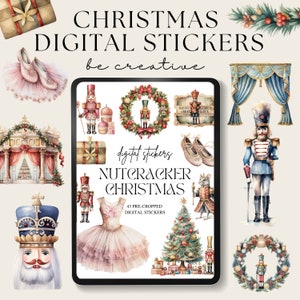 May include: A digital sticker set featuring a Nutcracker theme with 43 pre-cropped images. The stickers include a Nutcracker soldier, a ballerina, a Christmas tree, a wreath, a mouse king, and a stage curtain. The stickers are perfect for adding a festive touch to your digital projects.