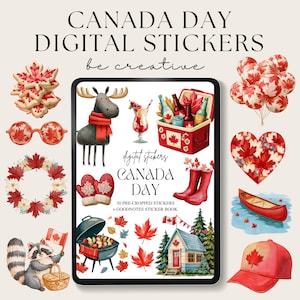May include: A collection of Canada Day digital stickers displayed on a tablet screen and surrounding it. The graphics include a moose, red maple leaves, a cooler, a canoe, a raccoon with a flag, a heart, balloons, and a red baseball cap.