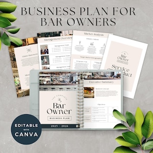 Può includere: Un modello di business plan grigio e bianco per i proprietari di bar. La copertina presenta un'illustrazione stilizzata di un bicchiere da cocktail e il testo "The Complete Bar Owner Business Plan 2025-2026".