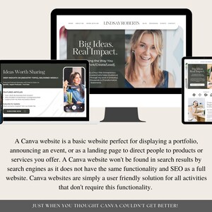 May include: A website mockup featuring the text "Big Ideas. Real Impact." and a woman's headshot. The website is designed in a light grey colour scheme with a black and white photo of a woman holding a glass of water. The website is designed using Canva.