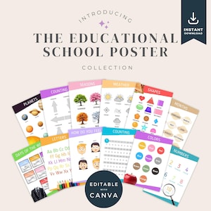 Set Of Educational Posters, 12 Homeschool Prints, Montessori Classroom Decor, Neutral Kids Decor, Toddler Playroom Decor, Digital Download