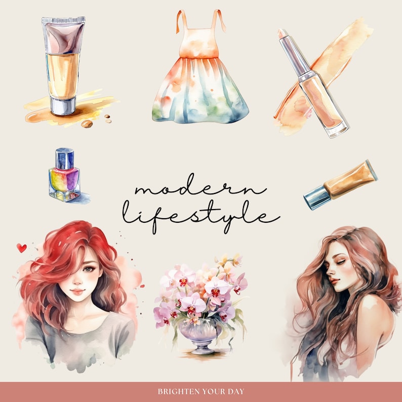K&ouml;nnte beinhalten: Eine Aquarell-Illustration eines modernen Lebensstils mit einer Frau, Blumen, Make-up und einem Kleid. Der Text "modern lifestyle" ist in Kursivschrift geschrieben. Der Text "brighten your day" ist in einem rosa Kasten am unteren Rand des Bildes geschrieben.