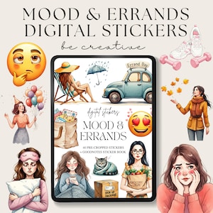 Könnte beinhalten: Ein digitales Sticker-Set mit 40 vorgefertigten Stickern und einem Goodnotes-Stickerbuch. Die Sticker zeigen Illustrationen von Personen, Autos und anderen Objekten. Der Text "Mood & Errands" ist auf dem Stickerbuch zu sehen.