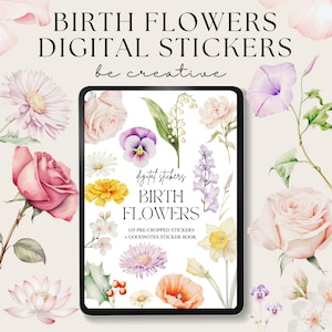 Adesivi digitali con fiori di nascita, adesivi floreali Goodnotes, adesivi di compleanno, collezione di planner Goodnotes, adesivi mensili