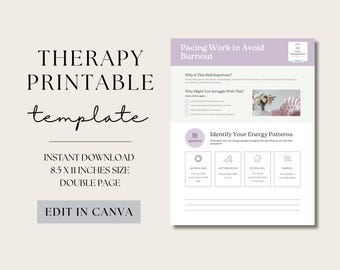 Therapy Worksheets, Work Sheets for Pacing Work To Avoid Burnout, Self-Esteem, Healing & Communication, Canva Therapist Printable