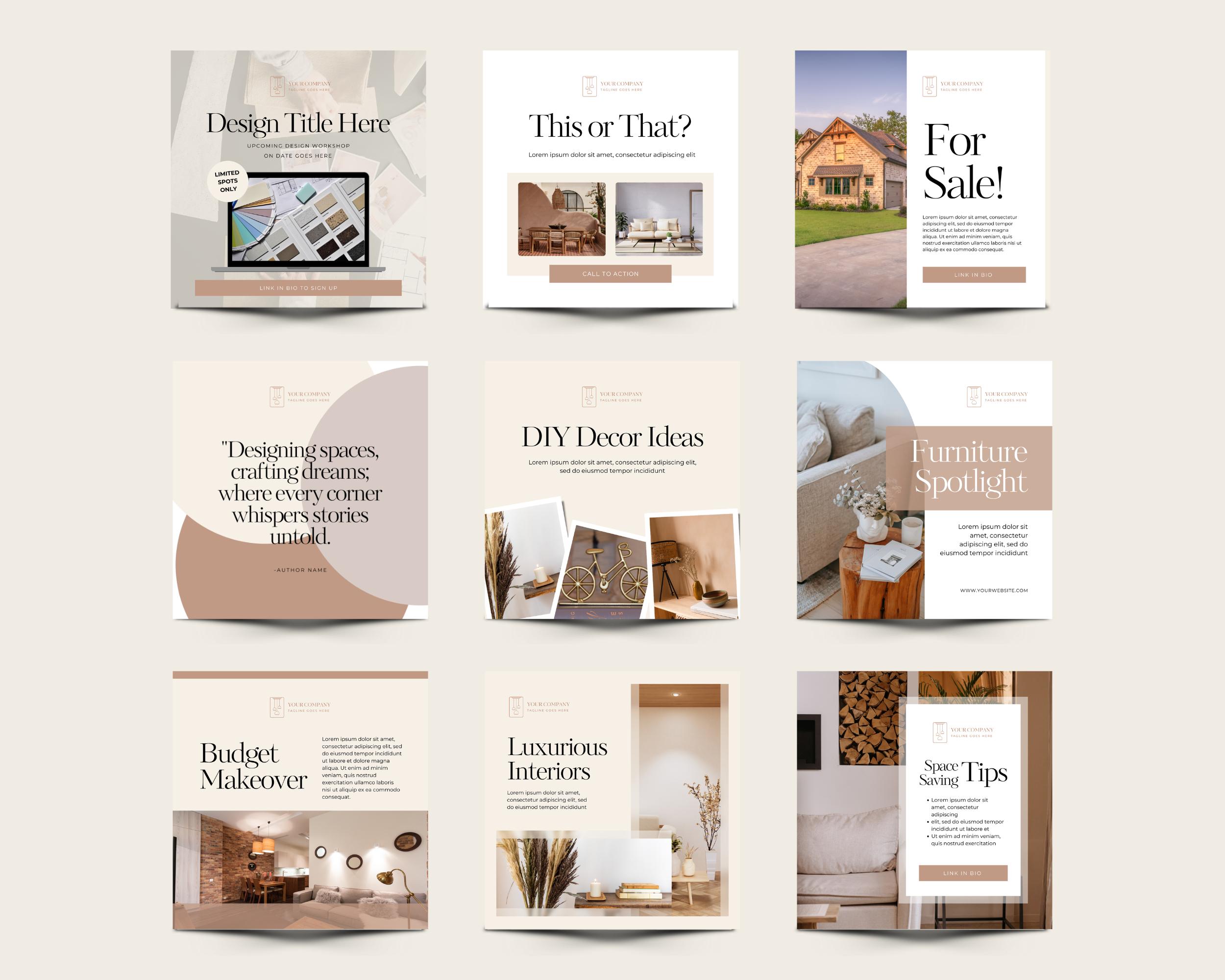 Modern Interior Design Instagram Templates | 20 Canva Editable Posts ...