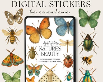 Natures Beauty Digital Stickers, Goodnotes Online Planner PNGs, Bug Stickers, Pre-Cropped Stickers, Butterfly Scrapbooking Embellishments