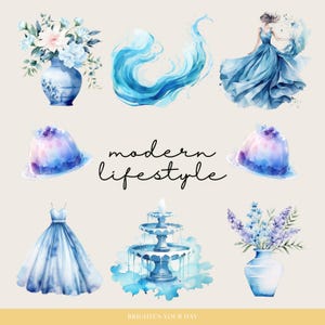May include: Watercolor illustrations of various blue and white objects, including a vase of flowers, a fountain, a dress, a wave, a dessert, and a bouquet of lavender. The text "modern lifestyle" is written in black cursive script.