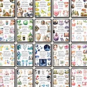Peut inclure: Un collage num&eacute;rique de 20 illustrations aquarelle diff&eacute;rentes, chacune pr&eacute;sentant un th&egrave;me unique. Les illustrations comprennent le camping, les souvenirs vintage, les saveurs d'agrumes, je t'aime, les animaux de la for&ecirc;t, le th&eacute; haut, la Saint-Patrick, l'&Eacute;gypte incroyable, l'Halloween gothique, No&euml;l mignon, les autocollants folkloriques, le jardin des sorci&egrave;res, la lune et les &eacute;toiles, bonjour f&eacute;vrier, les fleurs de printemps, le cirque rose, la zone zen, le dessin anim&eacute; fou, les b&eacute;b&eacute;s de la for&ecirc;t et tout ce que j'aime. Chaque illustration est entour&eacute;e d'une bordure blanche et comprend le texte "Autocollants num&eacute;riques" et le th&egrave;me de l'illustration.
