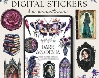 Puede incluir: Pegatinas digitales con un tema de academia oscura. Las pegatinas incluyen una variedad de imágenes, como una mariposa, un cuervo, un libro, una ventana, un espejo y un jarrón de flores. Las pegatinas están diseñadas en un estilo oscuro y melancólico, con un enfoque en elementos góticos y vintage. El texto "digital stickers DARK ACADEMIA 79 PRE-CROPPED STICKERS +GOODNOTES STICKER BOOK" se muestra en la pantalla.