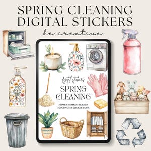 May include: A set of 52 digital stickers featuring watercolor illustrations of spring cleaning supplies, including a broom, a cleaning spray bottle, a washing machine, a trash can, a plant, a candle, a soap dispenser, a basket, a closet, and a recycling symbol. The stickers are pre-cropped and designed for use in the Goodnotes app.