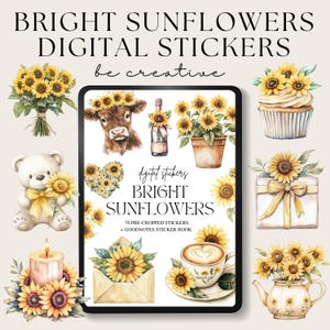 Sunflower Digital Planner Stickers, Goodnotes Floral Stickers, Sun Flower Decorations, Nature Embellishments, Yellow PNG Files, Mother's Day