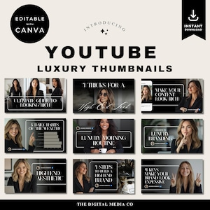 Può includere: Annuncio per miniature YouTube di lusso, con un design in bianco e nero. Il testo recita "YOUTUBE LUXURY THUMBNAILS" con esempi di miniature. Include il testo "EDITABLE WITH CANVA" e "INSTANT DOWNLOAD". Il prodotto è digitale.