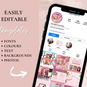 May include: A screenshot of a mobile phone displaying a social media profile for a travel blog called "The Wild Travel Duo". The profile has a pink and white color scheme with a photo of a floral arrangement. The profile has 213 posts, 9.8k followers, and 2.1k following. The profile includes a call to action to follow the blog, as well as links to their blog, news, store, messages, and email.