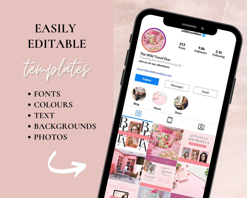 May include: A screenshot of a mobile phone displaying a social media profile for a travel blog called "The Wild Travel Duo". The profile has a pink and white color scheme with a photo of a floral arrangement. The profile has 213 posts, 9.8k followers, and 2.1k following. The profile includes a call to action to follow the blog, as well as links to their blog, news, store, messages, and email.