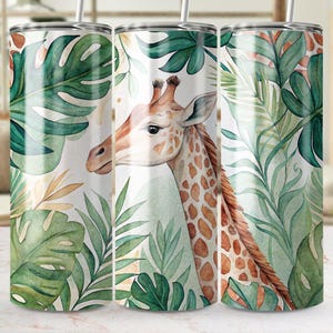 Giraffe Tumbler Wrap PNG, Watercolor Giraffe Digital Download, Jungle Animal Tumbler Design, Tropical Leaves Tumbler Wrap, 20oz Skinny