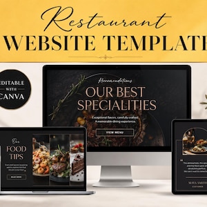May include: A restaurant website template displayed on a desktop monitor, a laptop, a tablet, and a smartphone. The screens feature dark backgrounds with gold text, food photography, and the text "Restaurant Website Template" and "Editable with Canva."