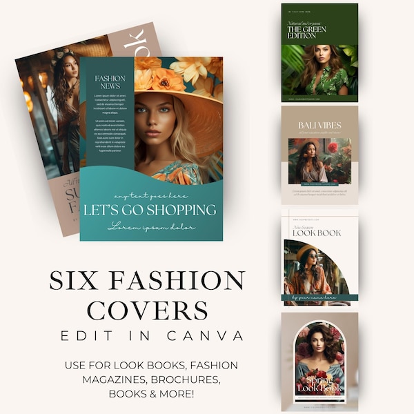 Ebook Fashion Covers, Canva Templates, Editable Journal Title Page, Dust Jacket Designs, Done-for-you Magazine Cover Pages, Five Covers Set