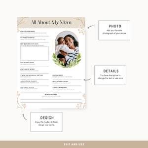 May include: A printable worksheet with a floral design and a photo placeholder. The worksheet is titled "All About My Mom" and includes prompts such as "Mom's Superpowers", "Mom's Hobbies", and "My Wish for Mom".
