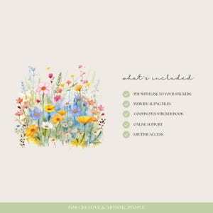 Puede incluir: Un paquete de pegatinas digitales con una ilustraci&oacute;n de acuarela de un campo de flores coloridas. El texto "what's included" se enumera con una marca de verificaci&oacute;n junto a cada elemento: PDF con enlace a tus pegatinas, archivos PNG individuales, libro de pegatinas Goodnotes, soporte en l&iacute;nea y acceso de por vida.