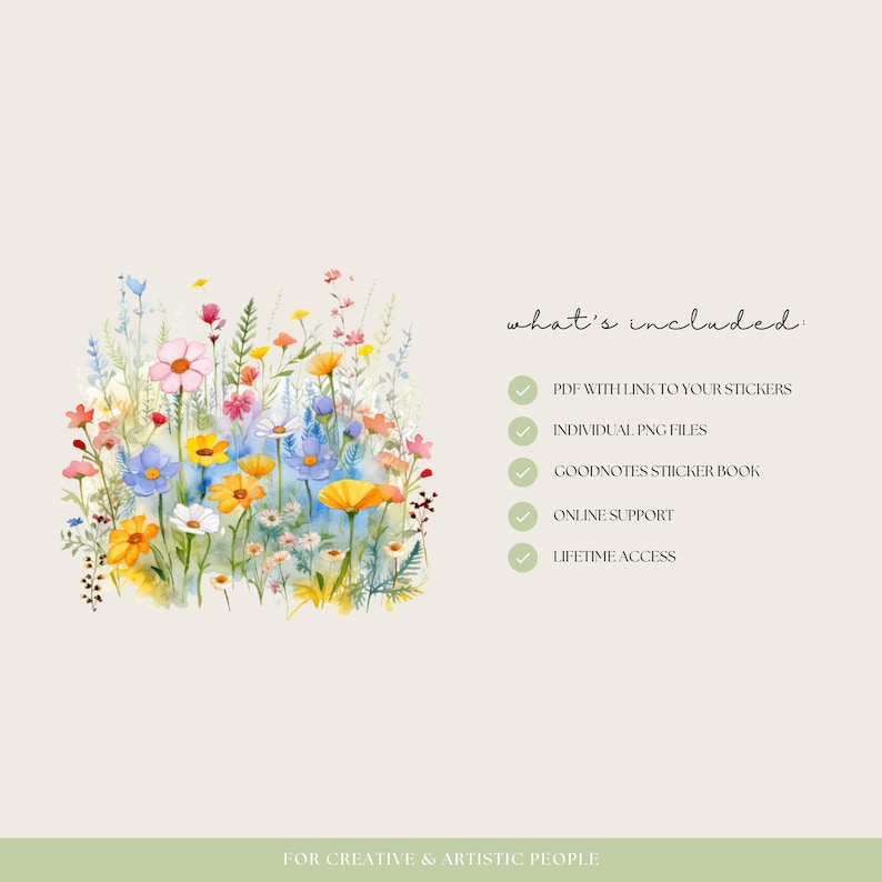 Puede incluir: Un paquete de pegatinas digitales con una ilustraci&oacute;n de acuarela de un campo de flores coloridas. El texto "what's included" se enumera con una marca de verificaci&oacute;n junto a cada elemento: PDF con enlace a tus pegatinas, archivos PNG individuales, libro de pegatinas Goodnotes, soporte en l&iacute;nea y acceso de por vida.