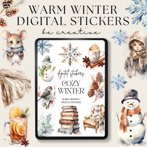 May include: A digital sticker set featuring 60 pre-cropped images of cozy winter scenes. The stickers include a snowman, a cup of hot cocoa, a bird on a branch, a stack of books, a cozy armchair, and more. The stickers are perfect for adding a touch of winter cheer to your digital projects.