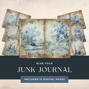 Blue Toile Junk Journal, Scrapbook, Whimsical Digital Download, Paper Crafts, Vintage  Printable Kit, Ephemera, Collage Sheet 11 x 8.5