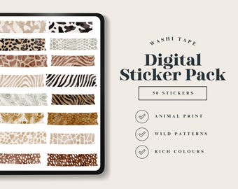 Cinta washi digital con estampado animal, adornos atrevidos de Goodnotes, paquete de pegatinas con diseño de jungla, paquete de pegatinas de safari, set de pegatinas de naturaleza salvaje