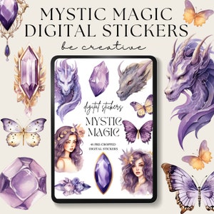 May include: A digital art image featuring a collection of mystic-themed stickers. The stickers include purple crystals, dragons, butterflies, and portraits of women. The text reads "MYSTIC MAGIC DIGITAL STICKERS" and "be creative".