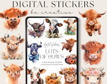 Cow Digital Planner Stickers | Farm Sticker Book | Planner Stickers | Farming Stickers | Goodnotes Tool | Ipad Cattle Png Stickers