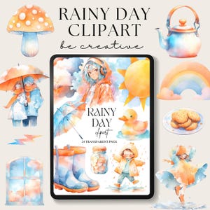 Rainy Day Clipart,  Digital Download, Weather Clip Art, Watercolor Seasonal Clip Art, Commercial Use PNG
