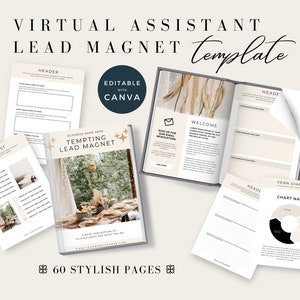 May include: A digital template for a virtual assistant lead magnet. The template includes a checklist, a welcome page, a Venn diagram, and a header page. The template is editable with Canva and includes 60 stylish pages.