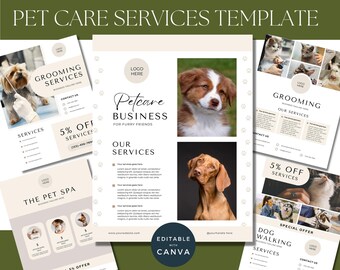 May include: A template for pet care services with a beige background and paw print pattern. The template includes a logo placeholder, contact information, and a list of services. The text "Petcare Business for Furry Friends" is written in a cursive font. The template is editable with Canva.