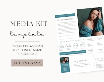 May include: A media kit template with the words "MEDIA KIT template" in a stylish font. The template is an instant download, sized at 8.5 x 11 inches, and is a single page. The design includes a section for demographic and audience information.