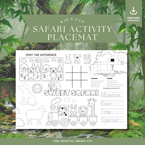 Safari Activity Placemat for Kids, Printable Coloring & Games Mat, Fun Safari Theme Worksheet for Toddlers and Preschool, Instant Download