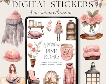 May include: A digital sticker pack with 50 pre-cropped stickers and a Goodnotes sticker book. The stickers feature a pink and brown color scheme with illustrations of a cozy living room, a cup of coffee, a potted plant, a window with a view, and a person sitting on a cushion. The text "Pink Boho Digital Stickers" and "be creative" are at the top of the image.