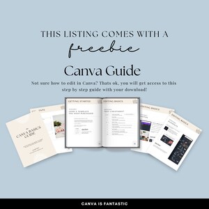 May include: A Canva Guide with a freebie for editing in Canva. The guide includes sections on getting started, editing basics, text cheatsheet, photos, and elements. The guide is in a digital format and is available for download.