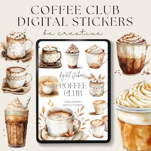 Coffee Club Digital Planner Stickers | Digital Sticker Set | Goodnotes Stickers | Latte Stickers | Caffeine PNG Scrapbooking Decorations
