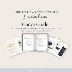May include: A Canva Guide with the text "THIS LISTING COMES WITH A freebie Canva Guide". The guide includes pages with the titles "Getting Started", "Editing Basics", and "Elements". The guide is surrounded by other pages with the text "Canva Basics Guide".