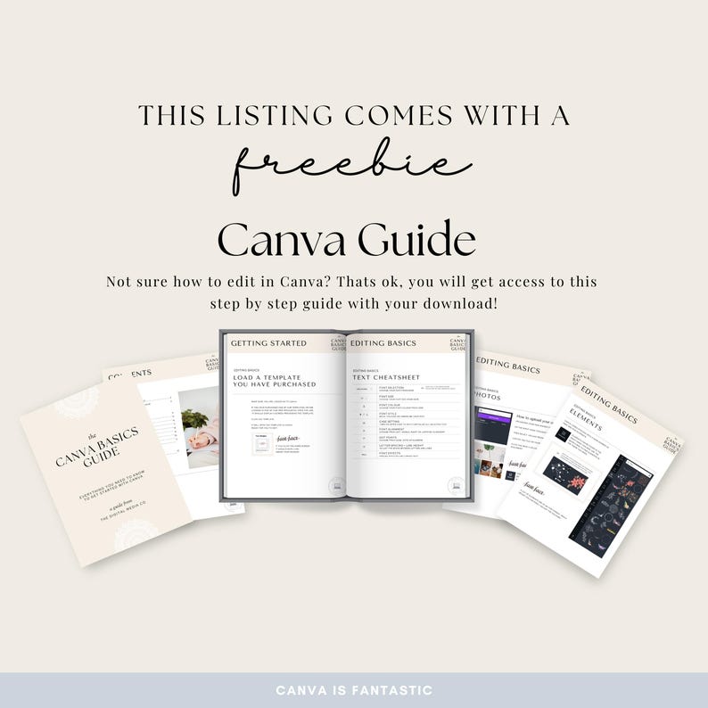 May include: A Canva Guide with the text "THIS LISTING COMES WITH A freebie Canva Guide". The guide includes pages with the titles "Getting Started", "Editing Basics", and "Elements". The guide is surrounded by other pages with the text "Canva Basics Guide".