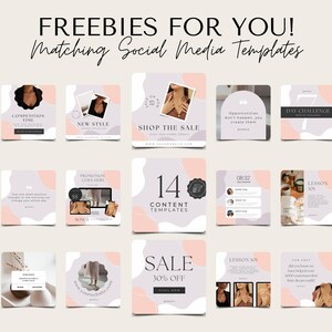 May include: A collection of 14 social media templates with a soft, feminine aesthetic. The templates feature a mix of pastel colors, including pink and gray, with text overlays such as "SALE 30% OFF" and "LESSON 101".