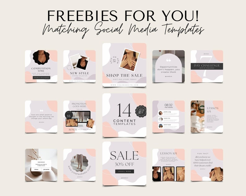 May include: A collection of 14 social media templates with a soft, feminine aesthetic. The templates feature a mix of pastel colors, including pink and gray, with text overlays such as "SALE 30% OFF" and "LESSON 101".