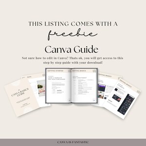 May include: A Canva Guide listing with a freebie. The image shows an open book with the title "Canva Guide" and several pages with text and images. Additional pages are fanned out around the book. The text includes "Getting Started" and "Editing Basics".
