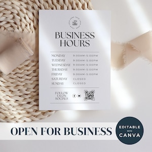Letrero de horario comercial / Letrero de horario de apertura de tienda / Letrero de organización comercial / Horario de tienda / Letrero de tienda imprimible personalizado / Letrero de horario de trabajo