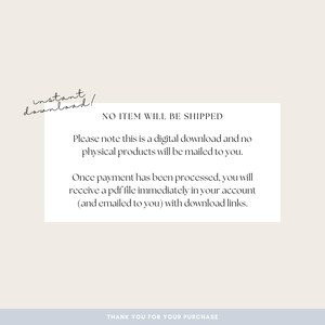May include: A digital download announcement on a cream background. The text reads "instant download!" and "NO ITEM WILL BE SHIPPED." Additional text explains the digital nature of the product and how to access it.