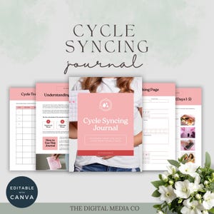 Può includere: Un Cycle Syncing Journal con copertina e pagine rosa. La copertina recita "Cycle Syncing Journal" e "Aligning Your Life With Your Menstrual Cycle". Il diario include pagine per il monitoraggio e la comprensione del ciclo mestruale.