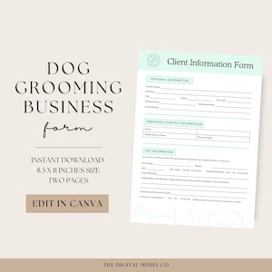 Dog Grooming Business Form, Canva Template, Pet Care Document, Veterinarian Contract, Doggy Spa Printable, Editable Animal Grooming Service