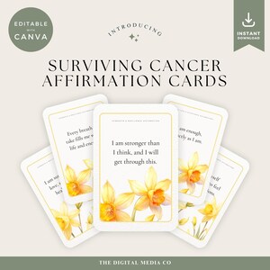 Tarjetas de afirmación para sobrevivir al cáncer, tarjetas de ánimo con narcisos amarillos, regalo imprimible de apoyo emocional para pacientes con cáncer, tarjeta de sanación
