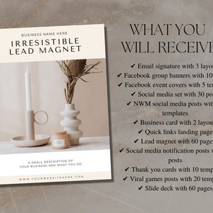 K&ouml;nnte beinhalten: Ein beiger und wei&szlig;er Lead-Magnet mit einer Kerze und einer Vase mit getrockneten Blumen. Der Text "IRRESISTIBLE LEAD MAGNET" befindet sich oben im Bild. Der Text "WHAT YOU WILL RECEIVE" befindet sich auf der rechten Seite des Bildes mit einer Liste der im Lead-Magneten enthaltenen digitalen Produkte.